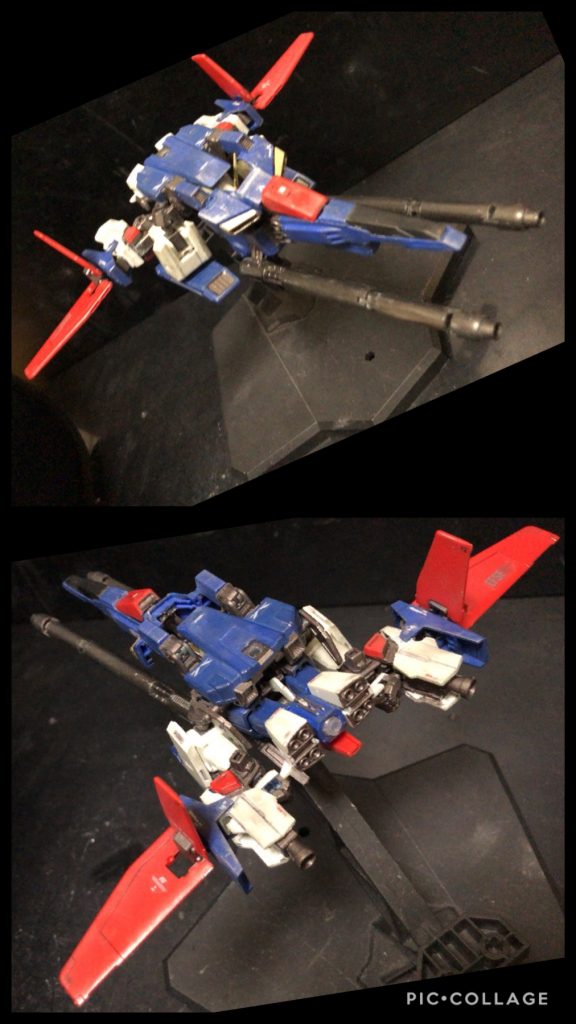 ・コアトップ上半身部分で構成される戦闘機。 主武装である2連装メガ・ビーム・ライフルを使用可能であるため火力は高い。腕部を展開したスラスターは可動式のベクタードノズルとしても機能する。コアブロックなしでも運用は可能だが、コクピットがライフル銃身に設置されており、これはメンテナンス用または緊急用とされ、合体したコアファイター側のコクピットでの運用が基本とされる。こちらにパイロットが登場した場合、MS形態時にライフルもろとも振り回される事となる為、女の子と一緒に搭乗することをオススメする(?)その為、基本的にコアブロックを接続して運用される。 なお、アニメ本編で使用されたαタイプ今回、改造によって実現したβタイプに可変出来る。ルー「何?このαとβって?」oyz「本機のオリジナルギミックです。元々のコアトップの変形って、要は上半身まんまの状態で胸部パーツが上に上がっただけでしょ?なんか納得いかないじゃないっすか!カッコ悪いしバランス悪い!そこで腕部を機体前面に移動させて纏まり良くしました〜。」ルー「へえ。性能は?」oyz「変わりませんね。」ルー「それって、意味ないじゃない。」oyz「いーんです。」ブライト「ううむ....。ネモでもいいんだが?配備が.....。今、アーガマにはZとメタスしか戦えるMSが...。」アストナージ「キャプテン!まだ言ってるんですか!」