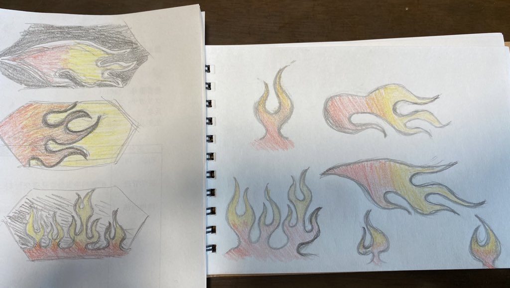 この手書きのファイヤーパターンの練習から今回のハロの制作はスタートしました。