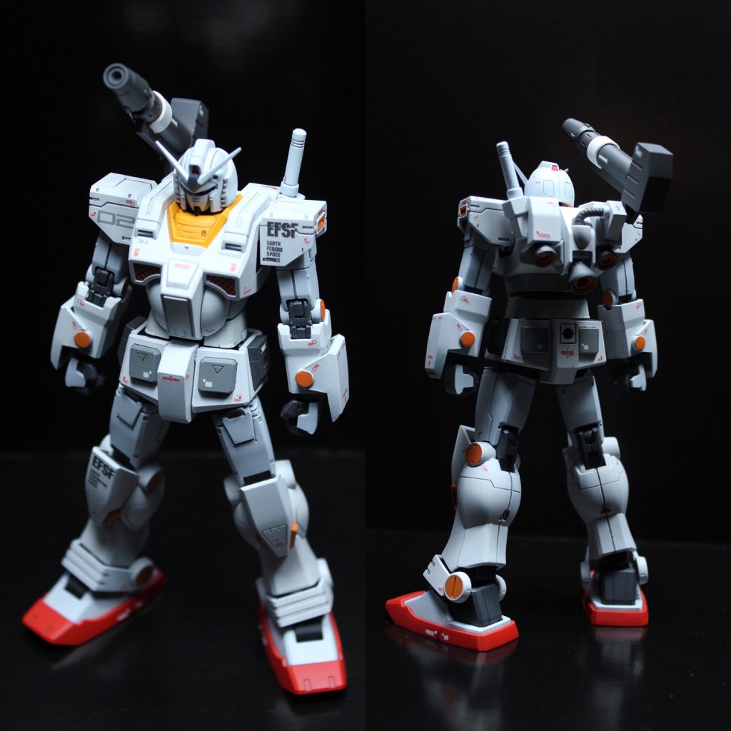 手持ち武装無しの立ち姿です。普段から素立ちポーズが決まる作品を目指しています。このヘビーガンダムは個人的に成功です。握り拳パーツは、甲のパーツを加工することで穴が開いていない握り込んだ風に見せています。