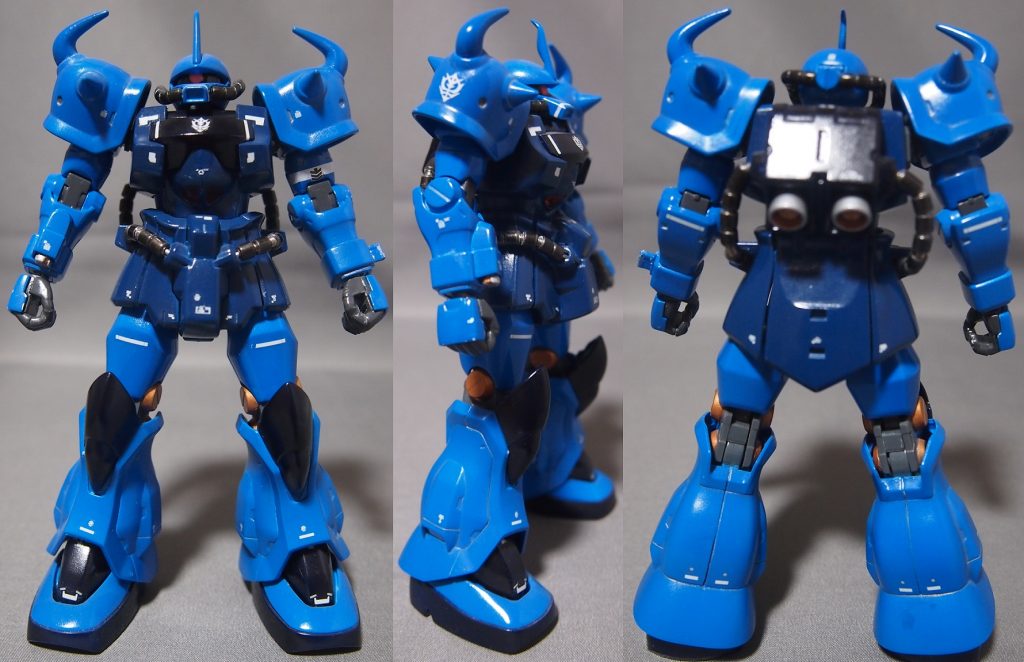 前、側＆後面。『08小隊』劇中で、鬼神の如き活躍を魅せた、ノリス＝パッカード機の空色も良いけど、ランバ＝ラルをリスペクトして、濃い目の青で塗りました。当時はエアブラシが無かったので、缶スプレーで広い面を塗り、細かい所を筆塗りしました。また、腰の動力パイプは、洋白線を芯に、スプリングを通し、その上にモビルパイプを重ねてディテールうｐしています。以前はザクやグフでこの工作をしていたけど、ここ7～8年は全然やらなくなりました。