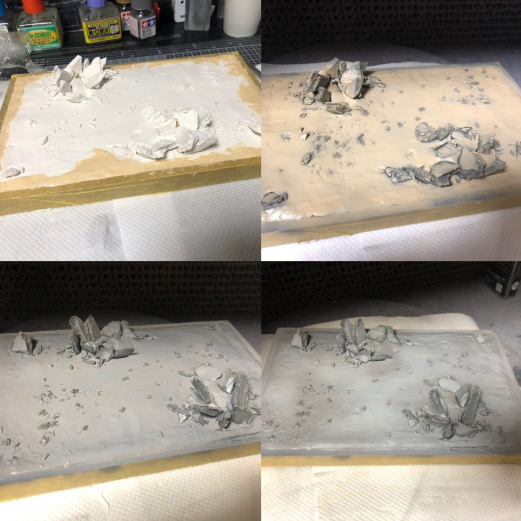 台座。木枠をマスキングし石粉粘土盛って乾燥してできた隙間はエポパテで埋めました。黒下地にタン→ニュートラルグレーⅢ→ニュートラルグレーII、黒パステルでうっすらドライブラシ、艶消しで塗装。ケムリ関係も同じ感じで。