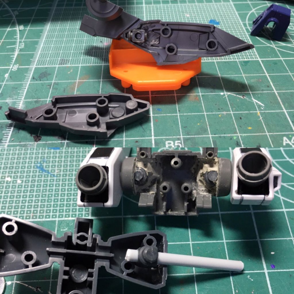 HGBCの初期ラインナップはKPS未使用であるため、可動部は全体的に摩耗で緩みがち。メインスラスターとジェネレーターは可動部をポリキャップ化しています。 メインスラスターは内部の軸受けを切除、ポリキャップをスライスしてエポパテで固定。 ジェネレーターユニットは軸を切り取り、まず前後パーツを合わせたままで3mm穴を開口。内部にポリキャップを詰めました。