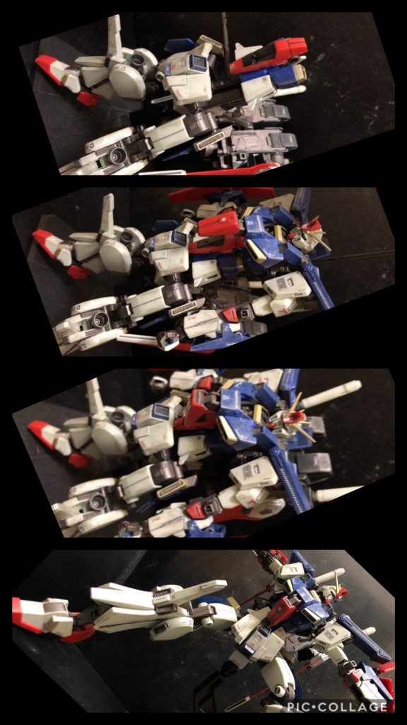 ZZガンダムへ① コアブロックをBパーツへどーん!② Aパーツを被せる!ココ、Aパーツ内部に磁石、コアファイターに金属板(カッターの切れ端)を貼り付けてあるんで、弱めに引き合います。③ バックパックの固定軸をAパーツに接続っ④ ダブルビームライフルを展開して装備っそして、って事で、ZZガンダム可変完了っ!!