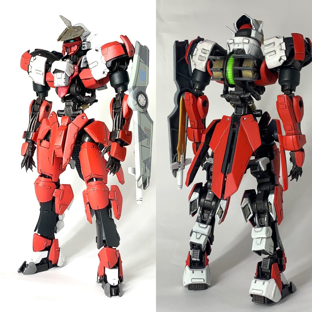 ジャンクパーツやプラ板を使って改造。スネのアーマーは、上下逆さまに付けてます。旧車をいじり倒したという感じですかな。 