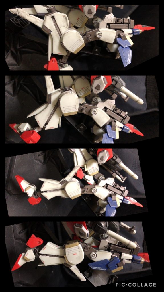 コアベース 可変① 脚を伸ばして膝にスペースを作る② 脛パーツを、何つったらいいんだ?全体をサイドのラインに沿ってぐるっと半回転させつつスライドするんだよォ。ココ!なんだよ、この可変はよォ!コレがZZの可変の難易度をめっちゃ上げてるんだよ!ちなみにココは軸を釘使ってます。固定に磁石をそれぞれ2セット使ってます。逆側にも1セット使いました。膝も3重関節です。難しい改造だった...。③ 脚全体を横に半回転④ サイドウイングを戻して⑤ バックパック、翼を畳みつつ上部へ移動。