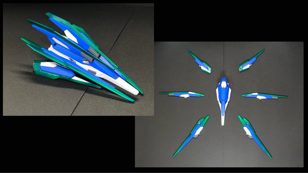 ⚪︎GNシールド-GNドラグーンビット(A×2、B×2、C×2)-GNビームガンダブルオークアンタのGNソードビットに、ストライクフリーダムのスーパードラグーン、AGE-FXのCファンネルの要素を追加した遠隔兵器。Aビット(右写真:下)は攻撃力を、Bビット(右写真:中)はスピードを、Cビット(右写真:上)は防御力を最も長所とする。ドラグーンの名の通り、全てのビットにビームガンが内蔵されている。またシールドに内蔵された太陽炉によって各ビットへの粒子供給をスムーズに行うことが可能。