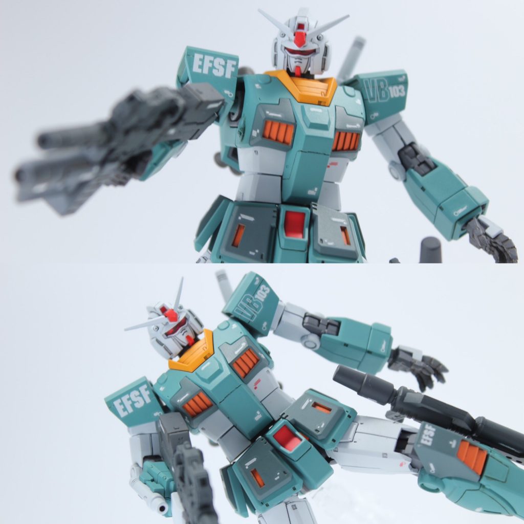 ガンダムタイプの頭部パーツがまた良い味を出しています。どちらで飾るか悩みどころです。ちなみに腰の股間部分の赤いパーツですが、Vマークを消しています。ミリタリー感あるジムスナイパーには似合わないし、カラーリングで遊んでいる分武装を含めそういったところで兵器感を出していきました。