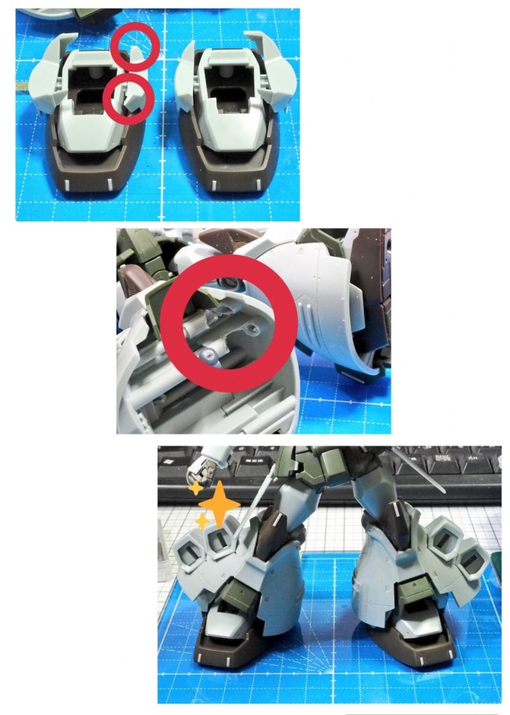 キットままだと足首の稼働に制限があったので、干渉部分を削り、より広く開脚できるよう加工しました。