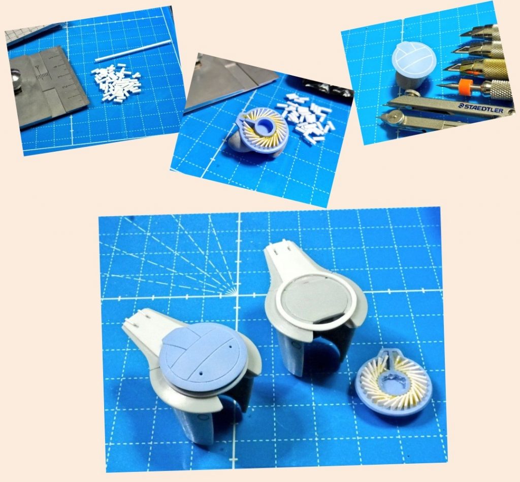 肩の追加パーツ、裏面はあまり見えないけど結構頑張って作ってます。エバグリのプラ平棒をバツンバツンとカットして→ぐるっと並べてタミヤの光硬化パテで固めて→フィンっぽい形状に。表面もスジボリとホールディテールを少々。これをキット本体に、コンパスカッターで切り出したプラ板で土台を作り、貼り付けました。
