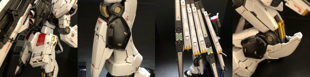 左からバーニア塗り分け、脚部塗り分け、フィンファンネル塗り分け、膝関節塗り分け