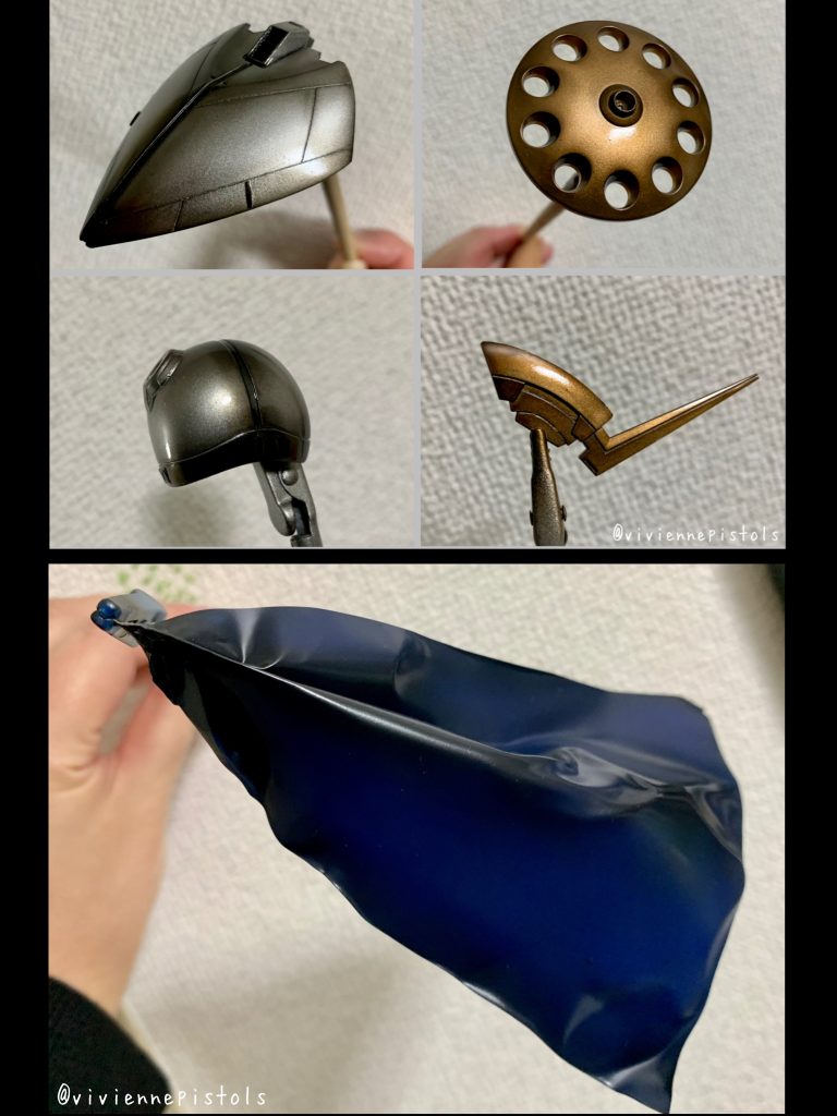 シルバー(ゴールド)パーツ=黒サフ→シルバー(ゴールド)→スモークグレーマント=黒サフ→コバルトブルー→スモークグレーで、エアブラシにて塗装しました。普段は筆塗りなので、不慣れなエアブラシ塗装になり、上手くグラデーションの表現出来ませんでしたが楽しかったです。