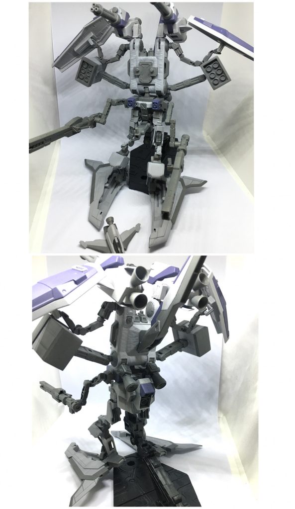 ガンダムとのドッキングシークエンス。がばぁ…とか、くぱぁ…とか、色々開いちゃってますwwここで丸見えなので使ったパーツや改造工作部分のご紹介！メインのボディは陸ガンS型の余剰（サンボルジムのバックパック）、2基のバーニアはGP03ステイメンの肩部内部パーツを加工、コントロール機接続部はGMジム余剰パーツをプラ板工作腰部はオーガジンクスの余剰（アクセレイトジンクスの腰）、腰部背面のバーニアはジムスナイパーK9の余剰（スナ2のバックパック）、ニョキっと伸びてるガンダムの股間穴に接続する3ミリ棒付きアームはHGBF系の何かwww脚部…端白星、キマリストルーパーの余剰GP03ステイメンの腕パーツ外装を接着、プラ板工作の自作関節で接続、腰部との接続部はガンプラカスタマイズキャンペーンのボールジョイント受けパーツゲタ部分、背部スタビライザースラスター…言わずもがなゼータの羽シールド&アーム…サンボルFAガンダム（アームが可動する様に関節にプラ棒&M.S.G.ディテールアップパーツ）ガトリングブースター…HGBFヴァリュアブルウェポンのジャンクパーツミサイルポッド…プラ板&ディテールアップパーツで自作、アームはM.S.G.モデリングサポートグッズレールガン…30MMオプションセットに自作の可動式グリップを取付、アームはM.S.G.モデリングサポートグッズコントロール機…インパルスのシルエットフライヤー家にあるジャンクパーツの大処分機体というわけですwww 