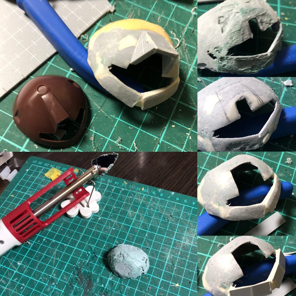 アタマ当初はパテで工作していましたが割れてしまい、プラ板を熱で曲げたものをベースにカタチを整えました