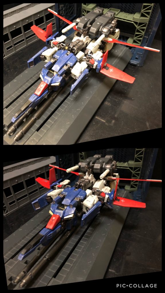 Gフォートレス本機の巡航形態であり、重力下での長距離飛行能力を有する重戦闘爆撃機としての運用が可能である。武装が前面に、推進器が後方に集中しており、MS形態時と比べ、航続距離及び加速性能が飛躍的に向上する。Gフォートレスは直線的な移動を目的とした形態であるため、対MS戦闘時におけるこの形態での運用例は多くはなく、旋回性能の点ではΖガンダムのウェイブライダーに譲るとされる。しかし、Gフォートレスはその圧倒的な火力・加速能力に加え、重力下でのSTOL機動や水中航行を可能とする破格の汎用性を持つ超高性能のMAでもあり、その戦闘能力は巡洋艦クラスに匹敵する。ジュドー「何コレ!随分でっかいなあ!」oyz「コアトップとコアベースをそのまま繋いだ形態だね。」ジュドー「こんなに長かったら、小回り効かないでしょ!」oyz「コレは長距離巡回用だからね。」ジュドー「コレじゃあZガンダムのが使いやすそうだな。」ルー「私もZのが好きかな。」oyz「オイやめろ!!」ジュドー「Zって大気圏突入出来るだろ?コレじゃあ出来ないよね?」oyz「ええい!ZZのレビューだぞこれは!ええい安心しろ!秘策を見せてやる!後半でなっ!」ジュドー「”ええい“で思い出したけどさ。オープニングの曲で出てくるクワトロ大尉って、いつになったらアニメ本編に出てくるのさ?」oyz「出てこないよ!」ジュドー「ええ!?主題歌に堂々と画面いっぱいにアニメに登場しないキャラが出ているのか!?どうなってるんだよ!?」oyz「ええい!本編の批判はやめろ!!やめるんだよー!!」ブライト「.....オマエ達、さっきから何の話をしている?まさかコレがニュータイプという事なのか!?」ルー「キャプテンはなんていうか...ちょっと頭硬いわよね...。」オペレーター「キャプテン!ネオジオンです!敵艦エンドラを確認、敵モビルスーツ迫ってます!識別コード、ハンマハンマです!」ブライト「何!?敵MSが出撃してる!?索敵は何やってんの!」ジュドー「ブライトさん、俺が出ればいいんでしょ!」ブライト「行けるか!?ジュドー!」ジュドー「行くしかないんでしょ!」ルー「でも今各機バラバラの状態じゃない!」モンド「あれえ!?さっきデカイのになってたのに、また分離してるよー!どうなってんの!?」ブライト「そんな事はこの際いい!全機出撃して外で合体しろ!」モンド「そんな無茶なー!」ジュドー「イーノ!エル!行けるか!?」イーノ「えーボクぅ!?」エル「やってみるわ!」ルー「私はゼータで出るわ!」ジュドー「皆んな頼んだぜ!ジュドー・アーシタ、コアファイター出る!」イーノ「コアトップβ出ます!」エル「コアベース出るわ!」ブライト「頼んだぞ。」ジュドー「よし!合体する!!」イーノ「ぶっつけ本番なんて...!」エル「やるしかないでしょ、了解!」oyz「じゃあお待ちかね。変形シークエンスを紹介していこう!」今回は、3機分離した状態から見ていきましょう!