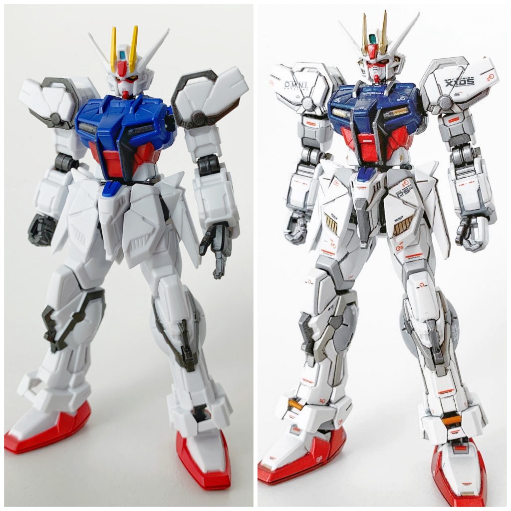 【機体本体のBefore&After】フロントアーマーの太ももへのかぶり具合やアンクルアーマーのスリッパへのかかり具合を見ていただくと、高身長化の効果がお分かりいただけるかと。