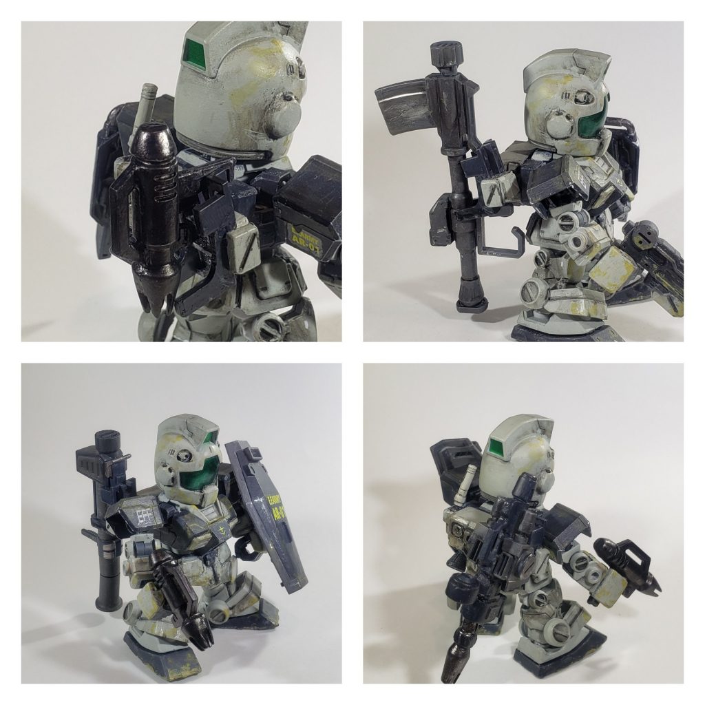 SDオリジナル?ギミックMG1.0ジムのように、バックパック右側にウェポンラックを装着可能にしました。これにより、MG1.0ジムのようにハイパーバズーカを背中に付けたり、本編では不可能なロケットランチャーとマシンガンの同時携行も可能です。