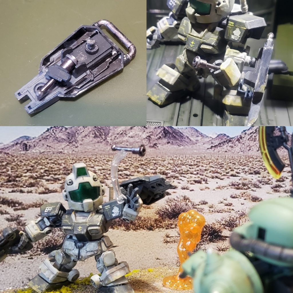 ハンドグレネード形状と収納場所がイマイチ分からないハンドグレネード。他の人の作例を参考にして、こちらも適当なジャンクパーツで作ってます(笑)シールド裏に収納可能で、平手に装着可能な投擲モーション用のも制作しました。