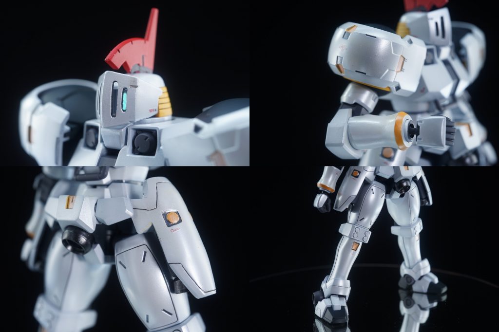 ・各部のアップ頭部は今回一番イジった部分ですね。頭頂部に1mm穴を開けてトサカを挿してみたものの、あまりのニワトリっぽさに急遽方向転換。肩は頭部の加工が終わった後、酔った勢いでハメてみたらビックリするくらいピッタリ無加工でハマったのでそのまま採用！腰回りも少し手を加えています。トールギスの記号と言えば馬鹿デカいブースターなのですが、ある程度控えめにしないと血反吐履いて死んでしまうのでこの程度に抑えています。脚部はほぼ無改造。