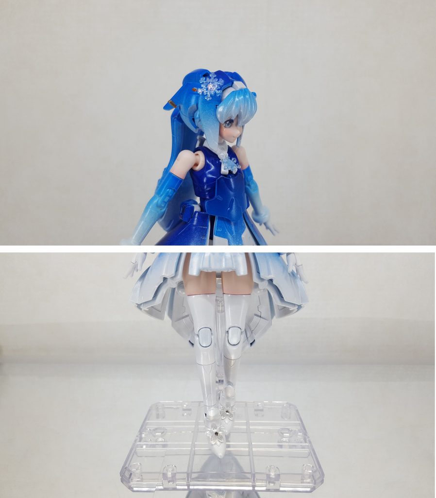 色変えだけだと面白くなかったので、レジンで作成したアクセを付けました。頭と胸に付いている雪の結晶は自作、足についているものは市販品です。頭の結晶は中央にネイルストーンを埋め込んでいます。