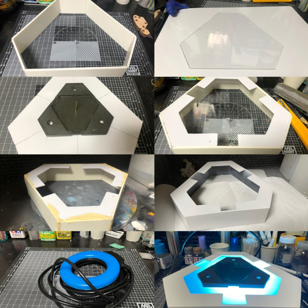 家庭用偽ログインシステム。Twitterでリクエストがあったので作り方。プラ板工作のみですが、かなり雑で無理矢理なところあるのでご容赦下さいm(_ _)m見づらいかもですが左から右、上から下へ画像見てって下さい。用意するもの。3ミリプラボード、1.5ミリプラ板、1.7ミリクリアプラ板、パテ、溶きパテ、1.5ミリ真鍮線、ダイバーギア、Pカッター。①.3ミリプラボードをそれぞれ高さ4.5cmで、長い辺W15.5cm、短い辺W7.3cmで3セットカット。角度はダイバーギアを合わせて接着していく。②.①内寸を1.7ミリクリアプラ板に下書きをしPカッターでカット。③.①の外寸で1.5ミリプラ板に下書きをしカット。ここで②.③の中心をとる。画像参照それぞれの辺の中心を線で繋ぎ1.5ミリの穴を開けてギアを真鍮線で固定できるようにしてます。④.③でカットしたものをダイバーギアから数センチ離して中心を抜く確か3cmだったと思う。それをさらにダイバーギアの凹んでるところに合わせて定規あててせんを引き3分割。このへんだいぶ忘れてしまったので申し訳ない。規則性のある好きなデザインにしていただければ…⑤.クリアプラ板以外を接着。大きく隙間ができたりするのでパテ、溶きパテで埋めます。ここをキレイになるまで根気よくやる。⑥.光源を設置してテストすると光が透けるので下地は黒で、上塗り白く塗装。下地以外好きな色で塗って下さい。⑦.光源。撮影に使ってるリングライトに青いフィルター付けて置いてるだけ。クリアプラ板につや消し吹いて光を抑えるように。それでも明るすぎたのでティッシュでくるんで撮影。光の色は光源に準備ずるのでいろいろ探してみるのも面白いですよね。色が変化するやつとか形状は丸いものがある程度均一に発光して見えるのでオススメです。⑧.クリアプラ板を接着して完成。ギア固定用の真鍮線は下まで着くようにしてます。力入れてバキっといかなように。撮影機材のようなもので使い回しできるようになってるのがよいかと思います。アバウト制作でホントごめんなさい。゚(゚´ω`゚)゚。いつもこんな感じです。質問等コメント又はTwitterで頂ければと思いますm(_ _)m以上、ご覧頂きありがとうございました。