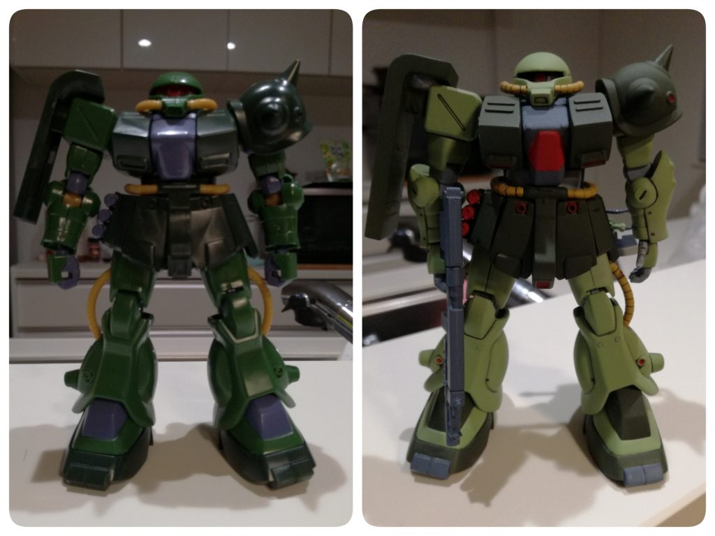 主な改修点は、頭上半分を削り目付きを悪く加工、腹部の延長、胸部をプラ板でボリュームアップ&バーニアを市販パーツに置き換え、股関部分&フロントアーマー延長、腰回りの装甲が一体整形になってたので、フロントアーマー部分分割、足首延長、拳と脚の動力パイプをHG版と置き換え