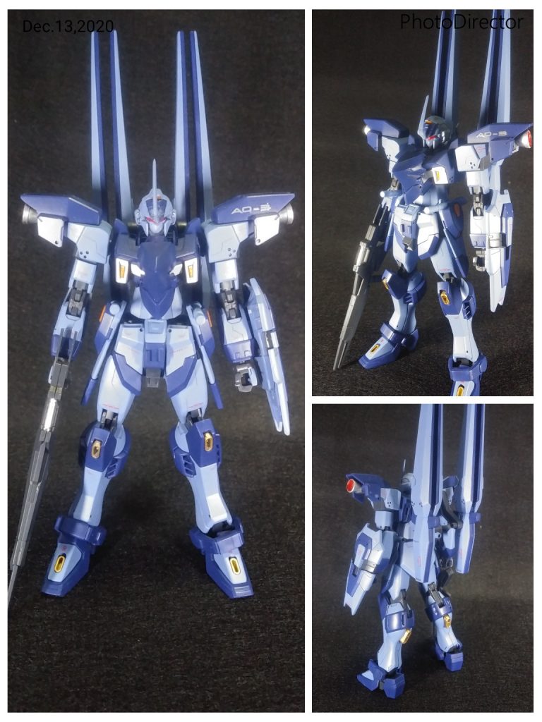 薄い青はエイザーブルー、紺はティターンズブルー2で塗装。背部にはプロトフィンファンネルを2基装備。 なんとなくデルタ系に見える気がする。しない?