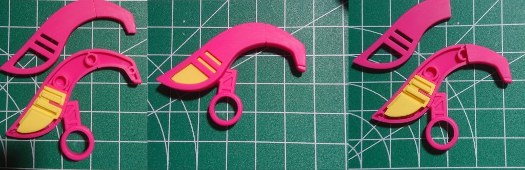 腕部クローの大きいほうは合わせ目がディテール化されているのですが、なぜか先っちょの部分だけが片方のパーツに固まっていて合わせ目が出てしまいます。そこで先が欠けてるほうのパーツをディテールで分割し、前半分を接着して後ハメしました。合わせ目は瞬間接着剤で埋めました。ただこの方法でもクローの基部の部分に合わせ目が出ます。目立たない部分ですが、反対側に左右対称にモールド掘って処理しました。