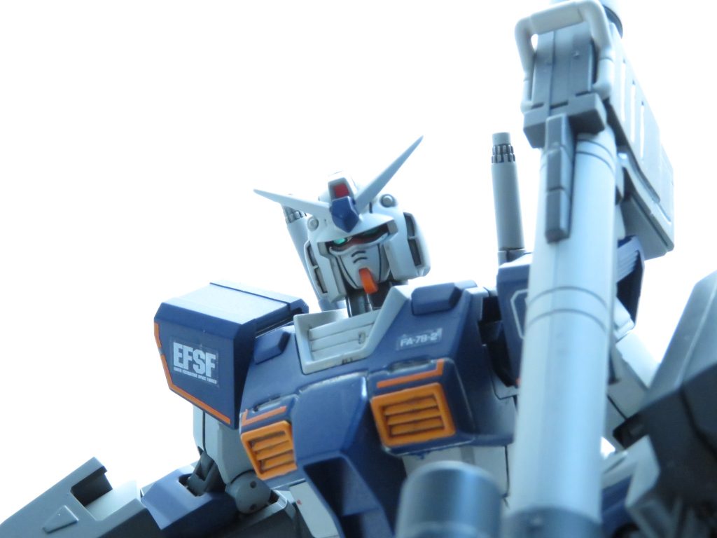 カラーメイン:クレオス　ティターズブルー1バックパック、足先、膝、足首カバー、フレームランチャー:クレオス　ティターズブルー1頭部、二の腕、太もも:ガイヤカラー　グレーサフ+クレオス　白サフ