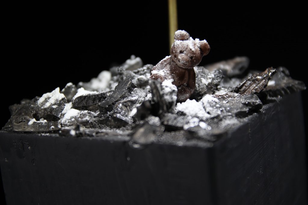 台座も簡単ながら工夫をあの子とあの子犬は再現できなかったので熊を100均の素材で作りました雰囲気出てますね、