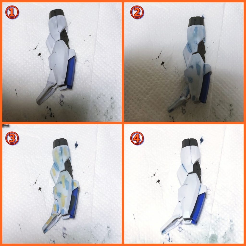 リアルタッチマーカーにてウォッシング。セット1に入っている「グレー1」「ブルー1」「オレンジ1」を使用。塗装したらマイクロファイバーのタオルでボカシ。その後、水を含ませたメラミンスポンジで柔らかいグラデーションが残るくらいまで落とす。