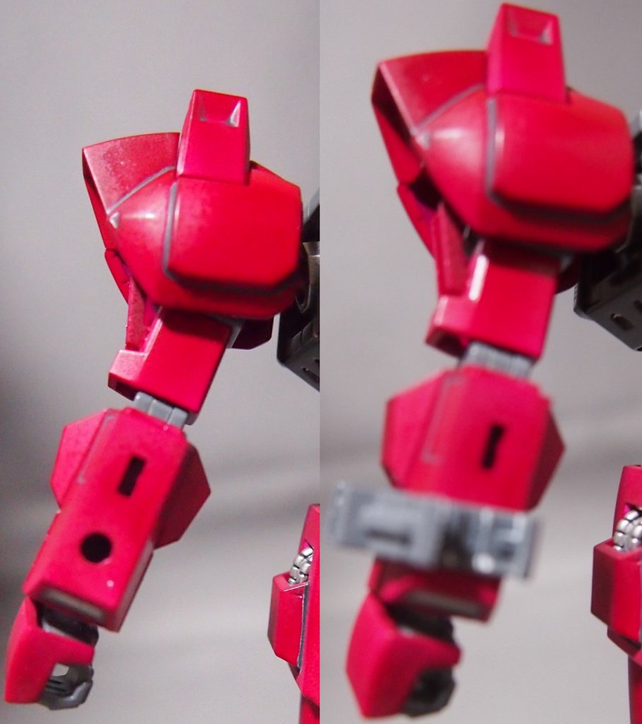 シールドが腕に直付けのため、角度を変えられず、ポージングの自由度が低いので、他キットの接続パーツを使えるように、腕に穴を開けました。