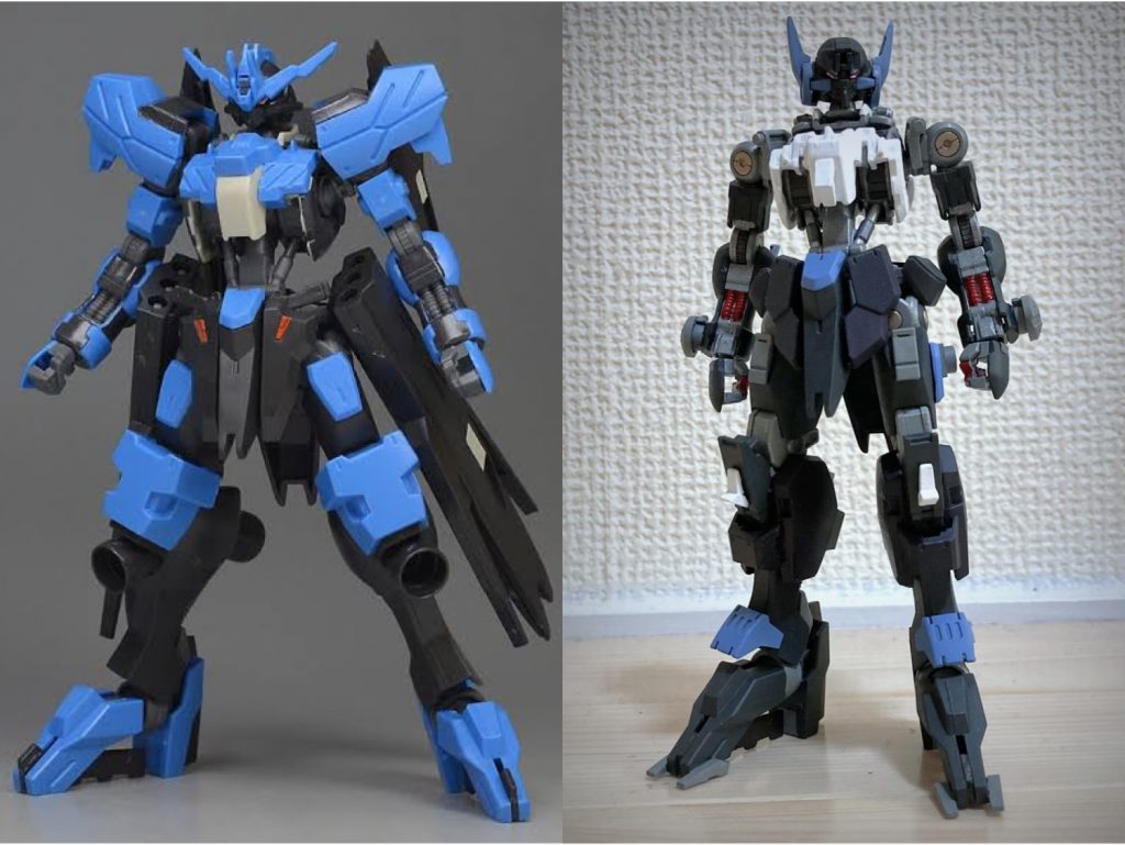 途中状態でヴィダールと比較。足の変化と腰のホルスター排除、頭部アンテナ形状でそれなりに違いが出たかな。でもヴィダールと同型なのはちゃんとわかる。色はあえて同じ配色でスカイブルー要素少なめにしました。スカイブルーはまたMr.カラーのエイザーブルーを使ってます。 