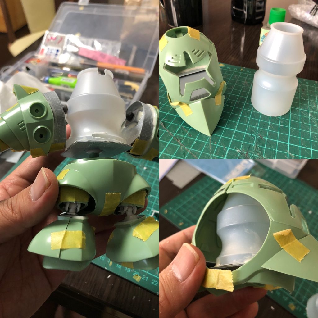 軸にヤクルト1000の容器を採用しました。後ほどメインカメラのところにジョアの容器をカットしたものを敷きました。ジョアの容器の裏側はマグネットシートをひいてモノアイを磁力で動かせるようにしました