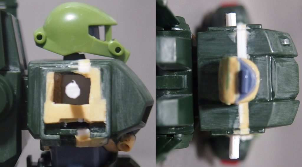 また、腕の付け根にボールジョイント「関節技」を仕込んで、胸を前後に幅増しして「巨乳化」し、頭部を改造してモノアイが動くようにしました。