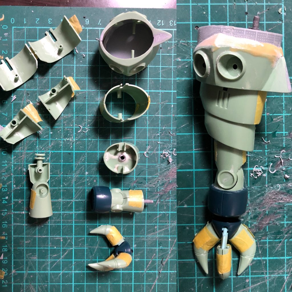 ウデは肩からカットし、アトハメできるように関節を改造しました。本体と肩の付け根は調整に一番時間がかかったかもしれません。