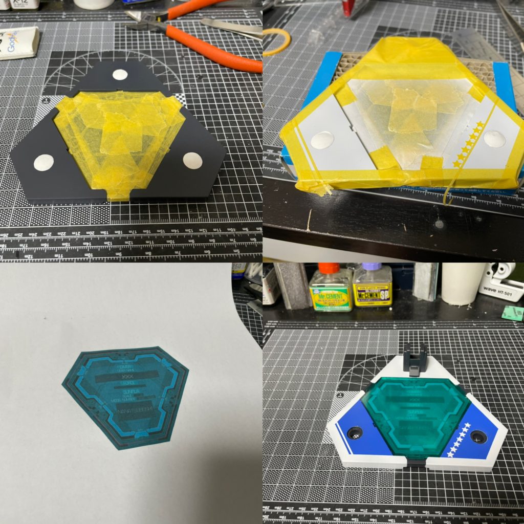 ①メカサフで下地塗装して黒く残したいとこをマスキング。②白く塗り潰して最終的になデザインをマスキング。星は文房具屋さんで売ってるシールを使用。シールで注意したいのは素材によっては塗料が沁みてしまったりノリが溶けてしまうので必ずテストしましょう。濃いめに塗料希釈したら低圧で少しずつ色乗せたり早めに剥がすなどして工夫してます。③公式から中身のデザイン作って印刷。文字数制限あり。https://bd-p.bandai-hobby.net/member/menus/貼っておきます。④青く塗って全て剥がして完成。せっかくオリジナル機体作ってみたのでオリジナル感マシマシにするためのお手軽アイテム。