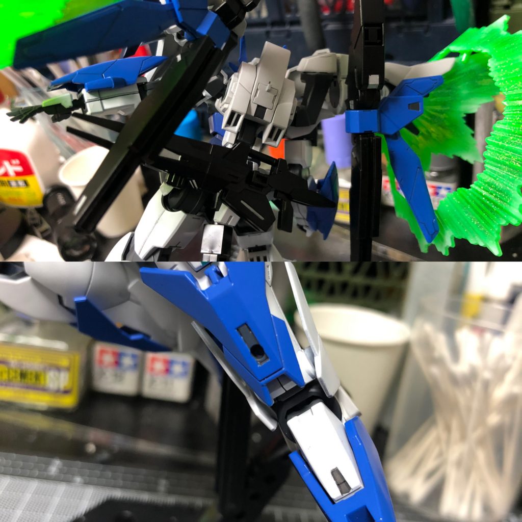 大体いつもやってますが特に急いだのでカラーサフを活用し、マスキング計画立てました。武装はシルバーサフ、本体はメカサフスーパーヘヴィで塗装後塗り分けたいかしょをマスキングして塗り分けてます。肩とかもそう。サフの色に準じる事になりますが手軽に塗り分けられるのでよくやります。