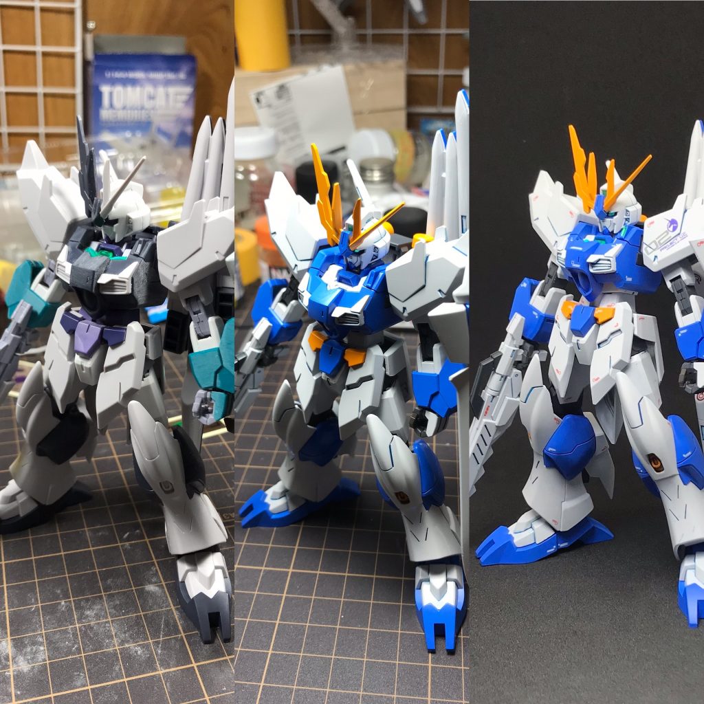 パチ組み→基本塗装→完成フェイクνユニットはアルスコアガンダムとの連動を主眼に置いているので、そのままコアガンダムには合いません。ツノのパーツは頭部を加工し無理やり取り付け、前腕パーツは付属すらしていないのでヴィートルーのものを使用しています。νガンダムにシールドが無いのは寂しいので、ジャンクからシナンジュスタインのものを取り付けています。