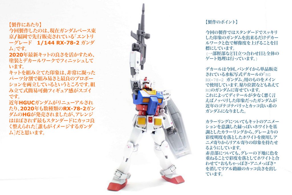 ゴテゴテにアレンジされたり、過剰とも思えるほどのディテールが追加されたりしがちな近年の新作ガンプラですが、このキットはノーマルなカッコ良さが追求されています。ディテールが少なくなるとそれはそれで寂しく感じてしまう体にバン○イさんにされてしまっているので、今回はRG用のデカールを貼り込むことで密度を上げるような製作スタイルをとっています。