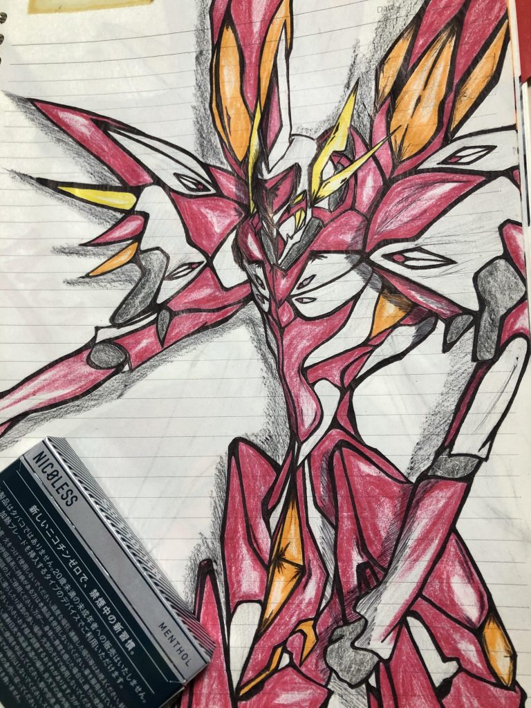 中学生の頃に描いた今回の原点となった機体です。機体名は今回の作品と同じでインフィニットフェニックスとなっております。 