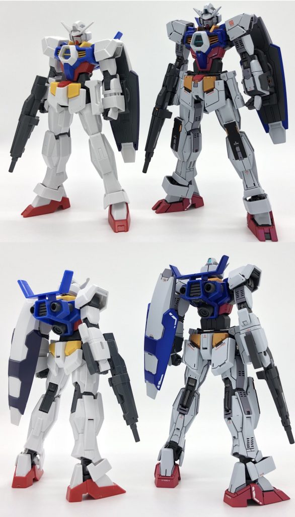 比較画像です。リアアーマー中央ブロックと背面バーニア以外の全てのパーツを改修しました。青、赤、黄は艶消しパール塗装です。特に青はパールの上からクリアブルーを吹いて深い青にしました。