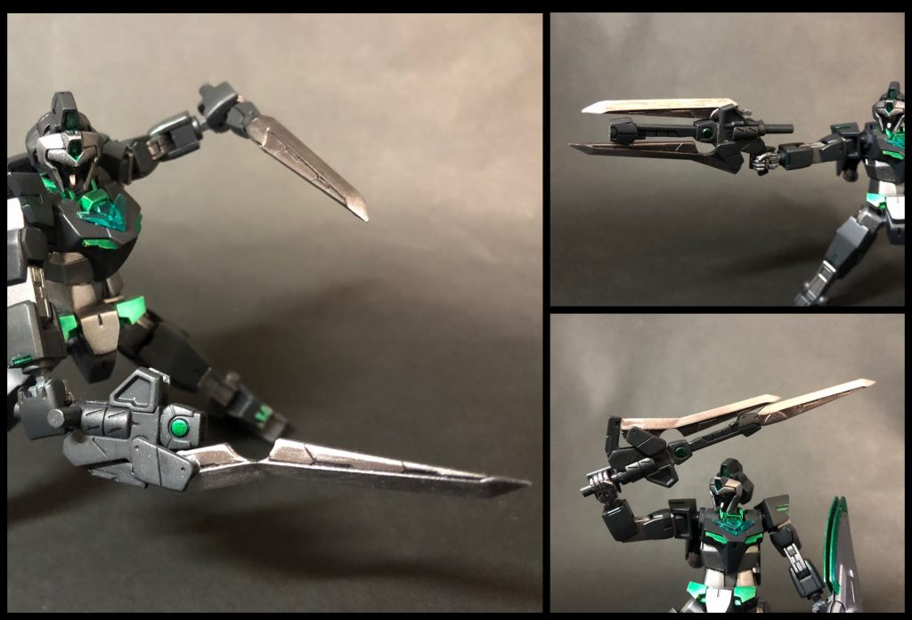 ・忍者刀:弐型変形機構を搭載した忍者刀。壱型同様ビーム斬撃を飛ばす事が出来、隠しビーム刀も搭載している。変更点は、壱型と合体する事で銃型、大剣型に変形出来る様になっている点である。隠密任務以外では、壱型と合体させた銃の状態で出撃し、距離を詰めた後分離させ、二刀流で戦うことが多い。忍者といえば二刀流!この刷り込みはFFからだな…単純にたたかう×2回なわけですから、そら強い。ただ2本持ってるだけでは面白みに欠けるので、合体などのギミックを仕込んでみました(いつもの癖ですね)。