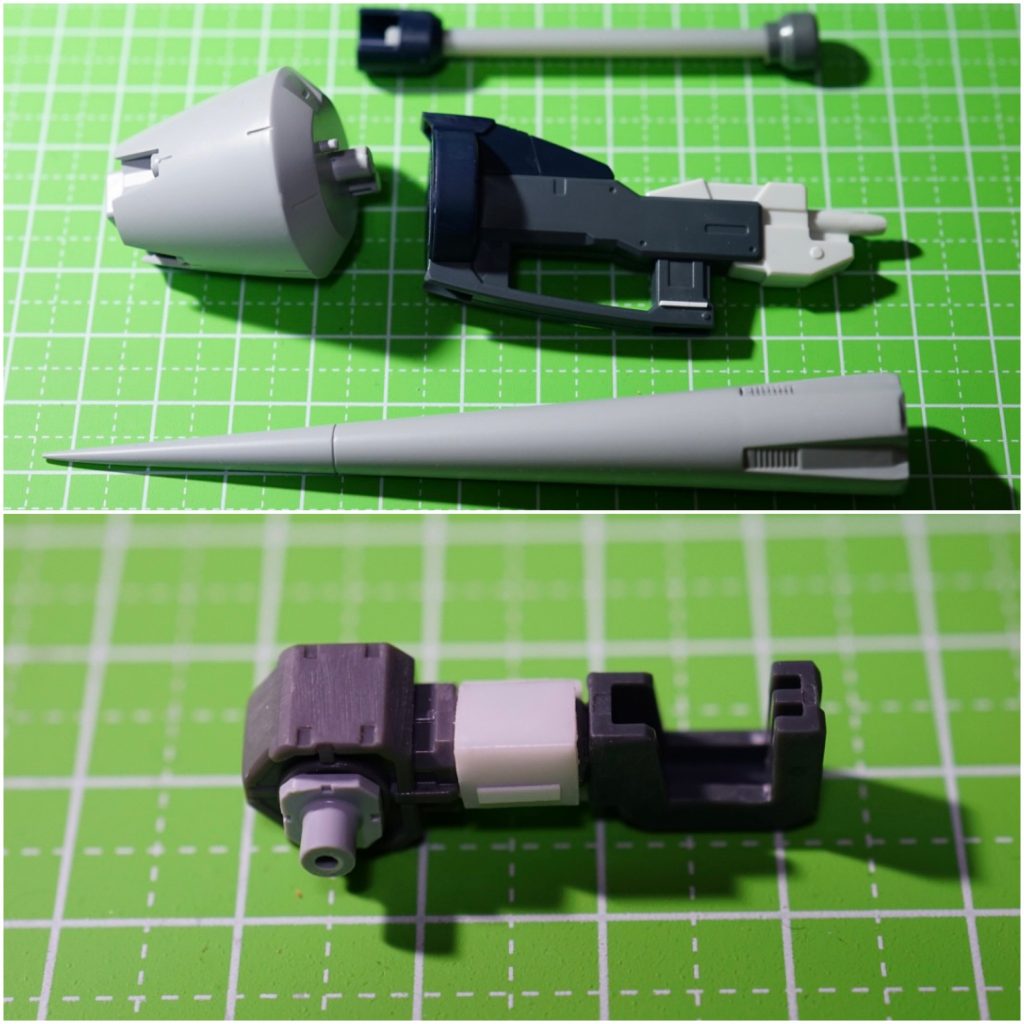 主な工作ランスは作例を参考にさせて頂き分割して合わせ目消しと塗り分けをしやすくしました。柄の部分の大型化と先端部分の延長も行っています。肩部分のシールドとランスをマウントするためにジャングパーツとプラ材でバーツをスクラッチしました。