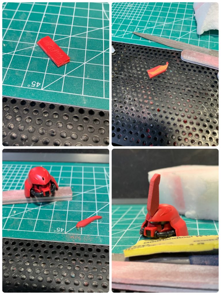 製作工程です。ガナザクキットにはツノが付いていないのでランナータグを削って自作しました。