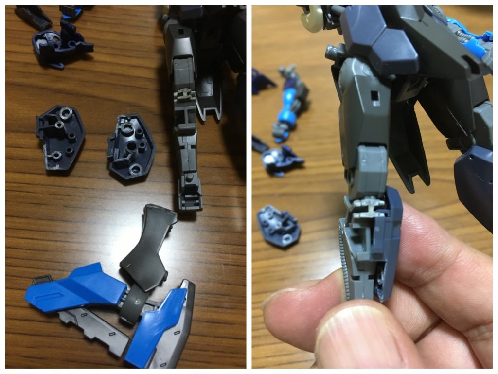 足の構造。もともとのヴィダールをスネを残して切断。脹脛と膝はファルケの余剰、ガーンズバックのパーツを切って削ってハメ込み。（フレームも削ってます） 