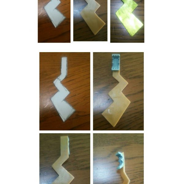 型紙を作って、プラバンを切り取り、パーツを一から作ることになるとは…某電気ネズミのしっぽをイメージしたものを作ってみた