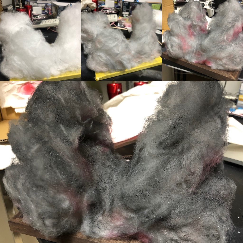 煙は綿で適当に形作ってエアブラシで色付け。かなり濃く塗らないと写真に撮った時に雲みたいになってしまうため何度かリテイクしました。