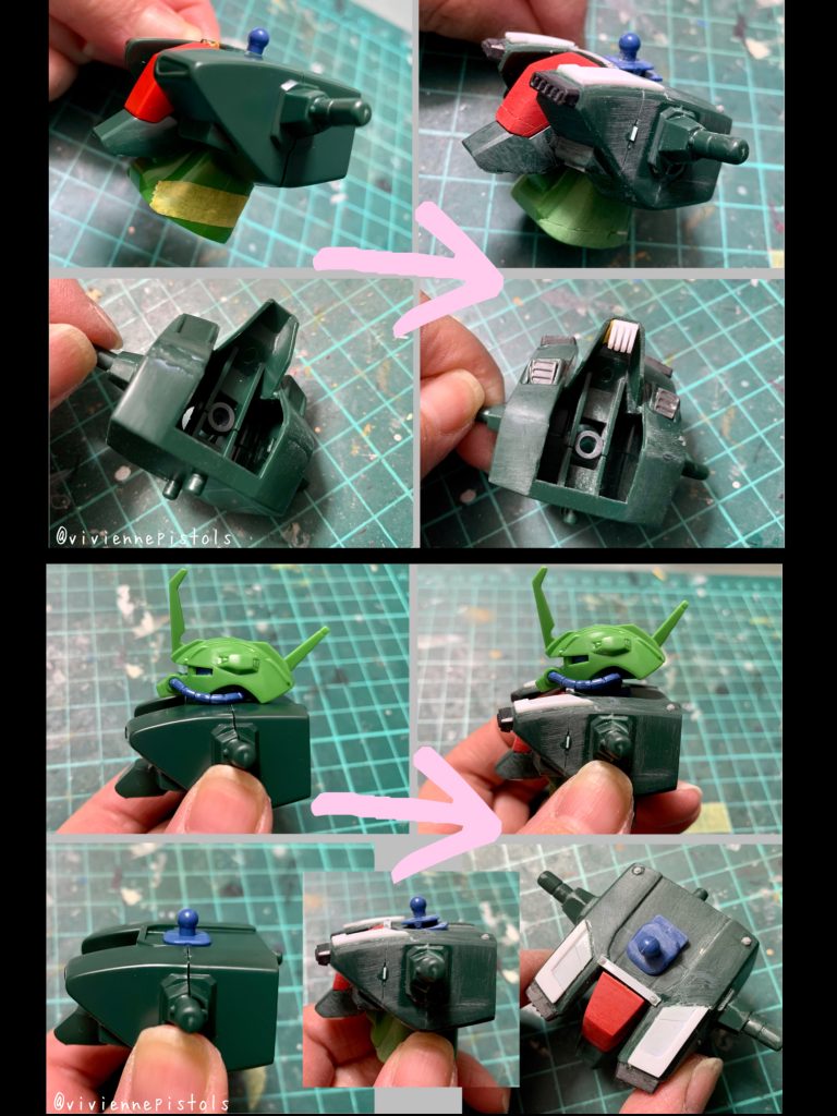 エッジ出しC面作り合わせ目消し顎を引かす為の加工放熱フィンを制作社外パーツとプラ板を使用スジ彫りの追加