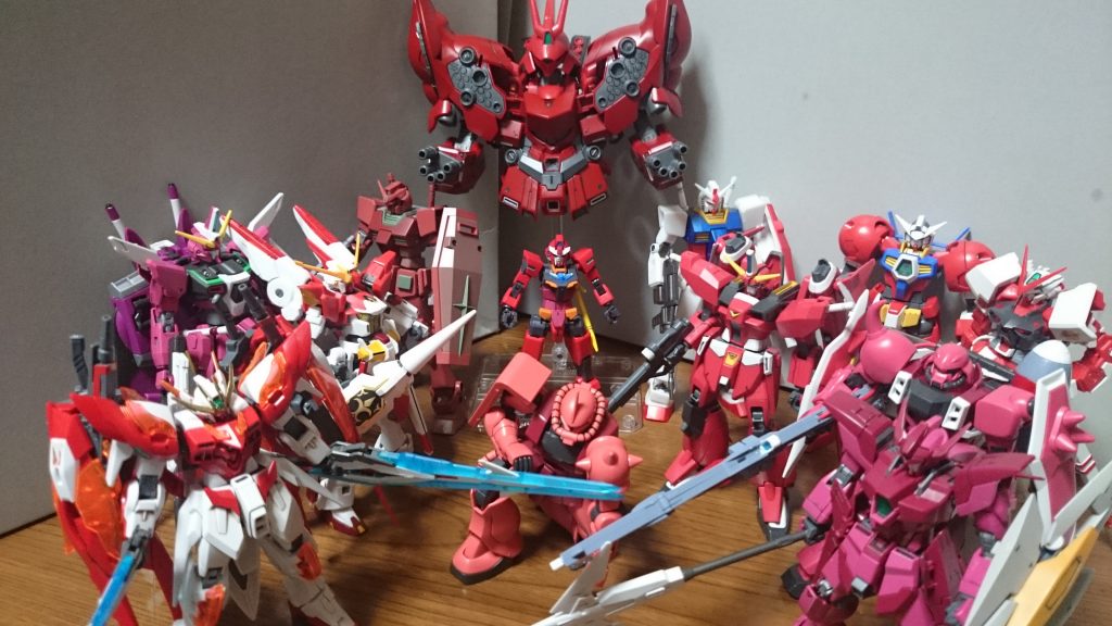 最後に(手身近にあった)赤いガンプラたち全員集合ちょいちょい赤じゃないっぽいのもあるけど内容は……HGレッドフレーム、ガナーザクウォーリア、AGE-1タイタスHGUCシャアザクHGCEインジャHGBFウイングガンダムゼロ炎(カレトヴルッフフェーダー)、ガンダムM91HGBDインパルスランシエHGBD:RコアガンダムリゼSDEXサザビー(+ネオングアーマー)SDネオングは色々なSDと組み合わせたくなるっスね。SDCSナイチンゲールや三国伝の司馬懿系、創傑伝の張僚等、シャアに関連するSDキットとか