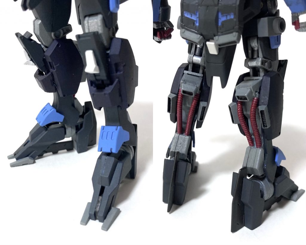 今回、いちばん手を入れた脚部。もともとスマートな方のヴィダールの足をさらにスマートに。脹脛はバーニア×１を廃してスラスター×３に。 